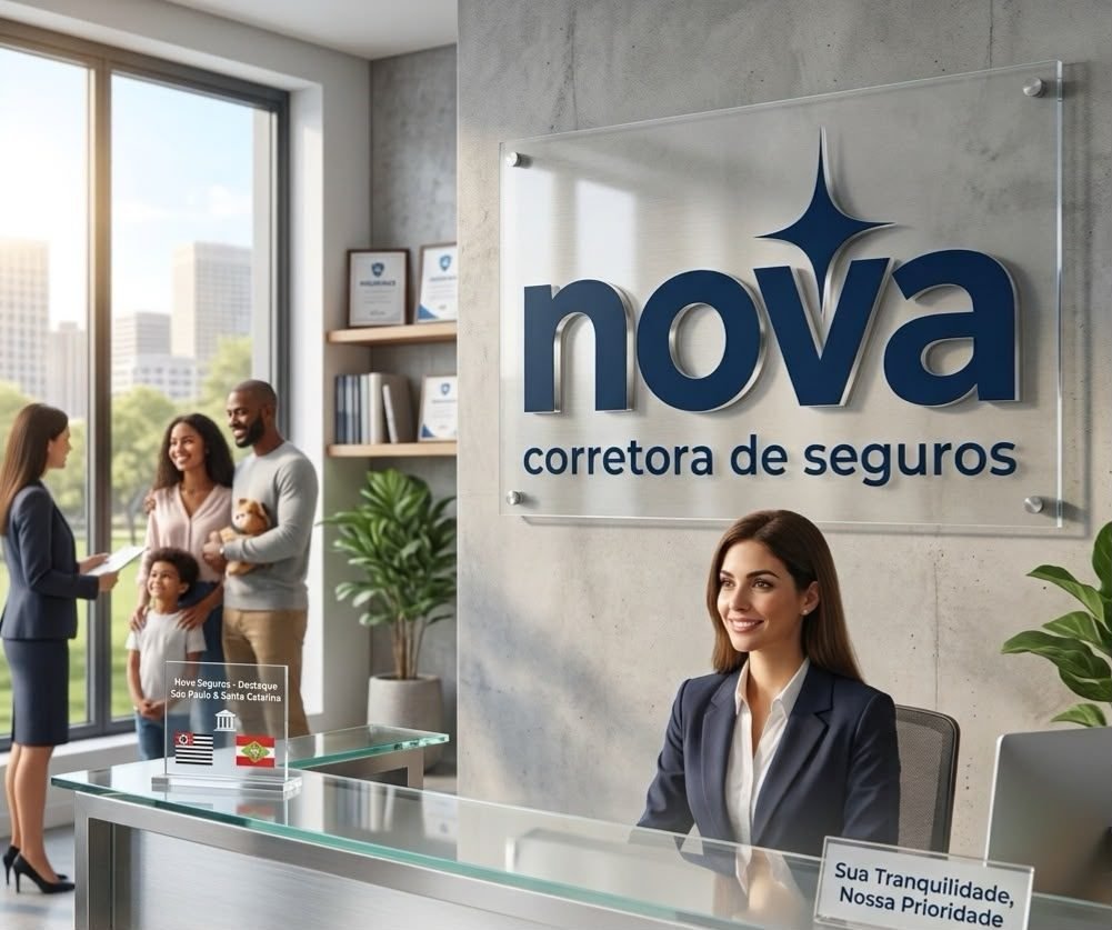 Recepção da Nova Corretora de Seguros com atendente sorrindo e família sendo atendida