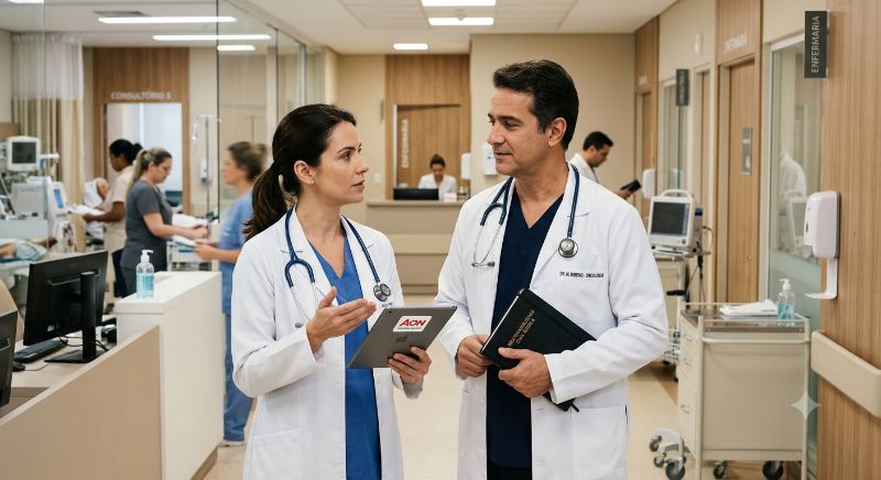 Médicos conversando em hospital, ilustrando seguro de responsabilidade civil para médicos