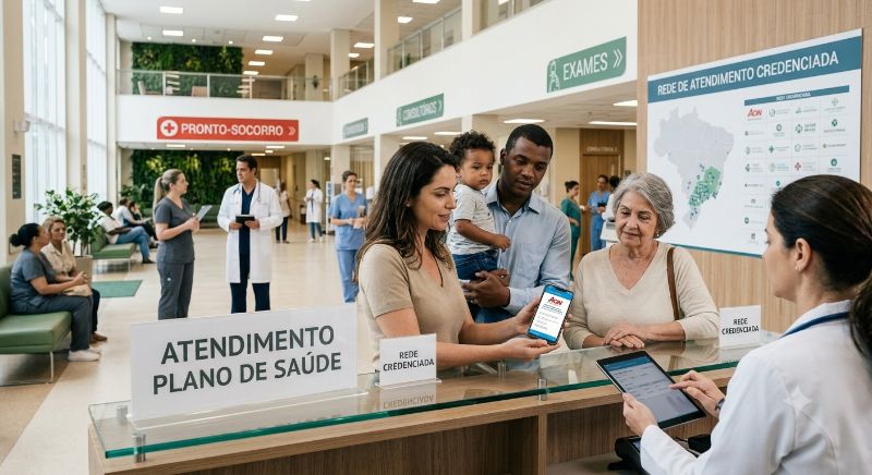 Família sendo atendida em recepção de plano de saúde