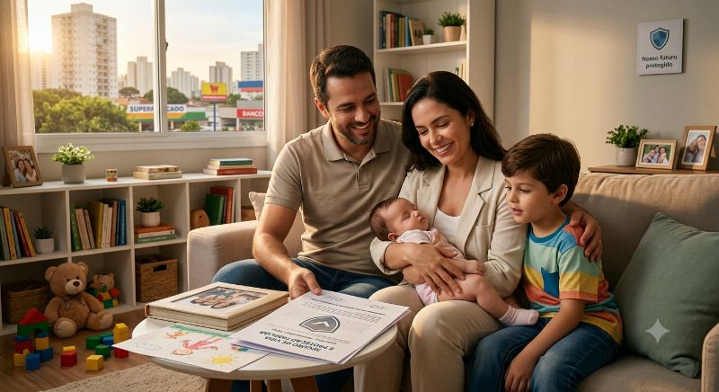 Família reunida em casa, representando proteção do seguro de vida